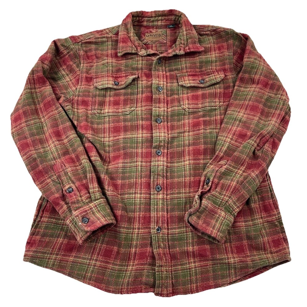 Orvis Shacket Men Medium Red Plaid Flannel Shirt Jacket Button Up Unlined Pocket